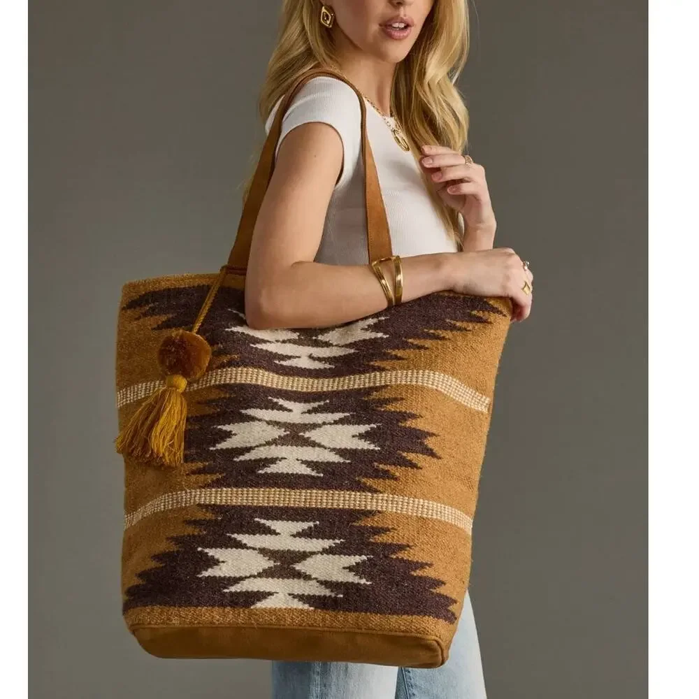 Tan, Brown & Cream Western Woven Wool Tote Bag | Boho Pom Tassel Tote